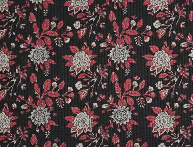 Floral pattern with red and white flowers on a black background