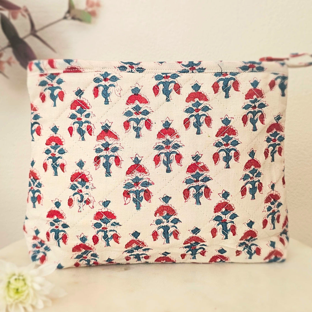 Floral patterned pouch on a light background