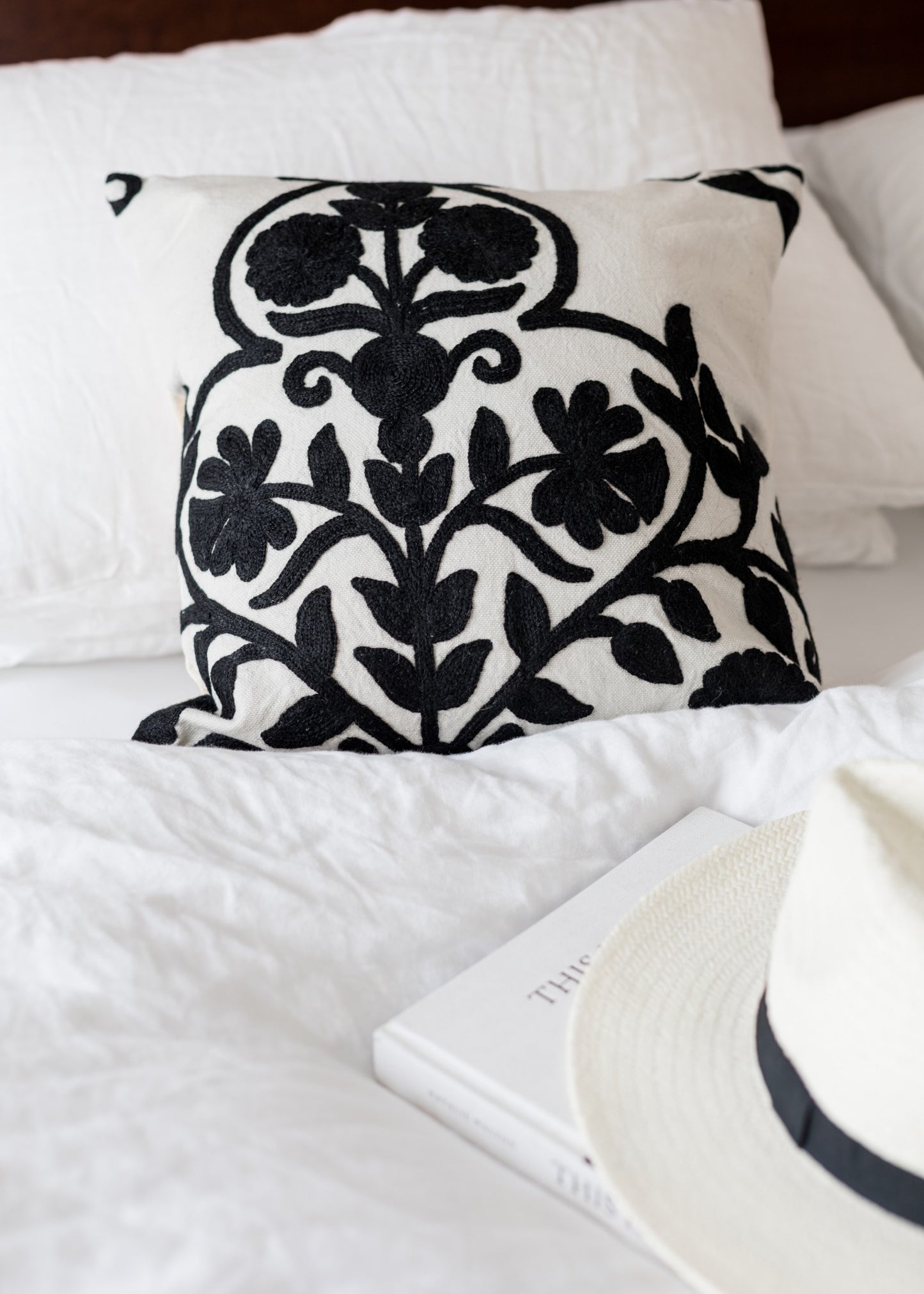 Flower Black Hand-Embroidered Cushion