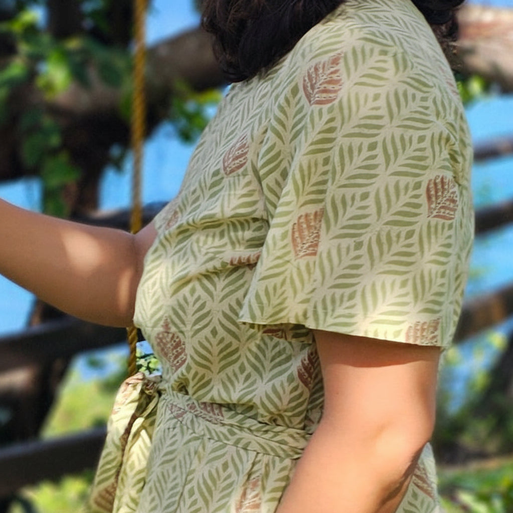 Green Printed wrap dress  arms