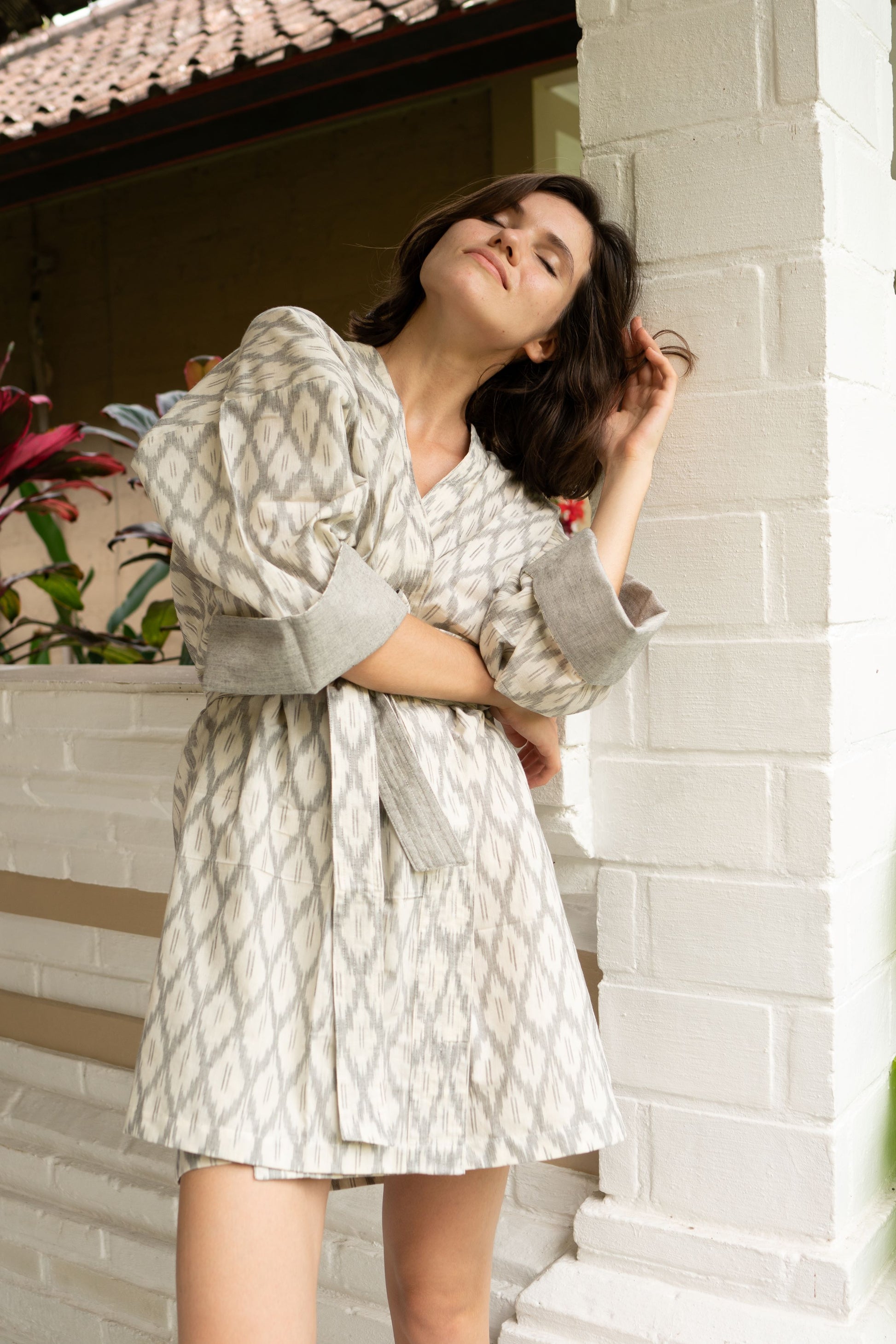 Grey Ikat Robe | Luxurious Cotton Comfort
