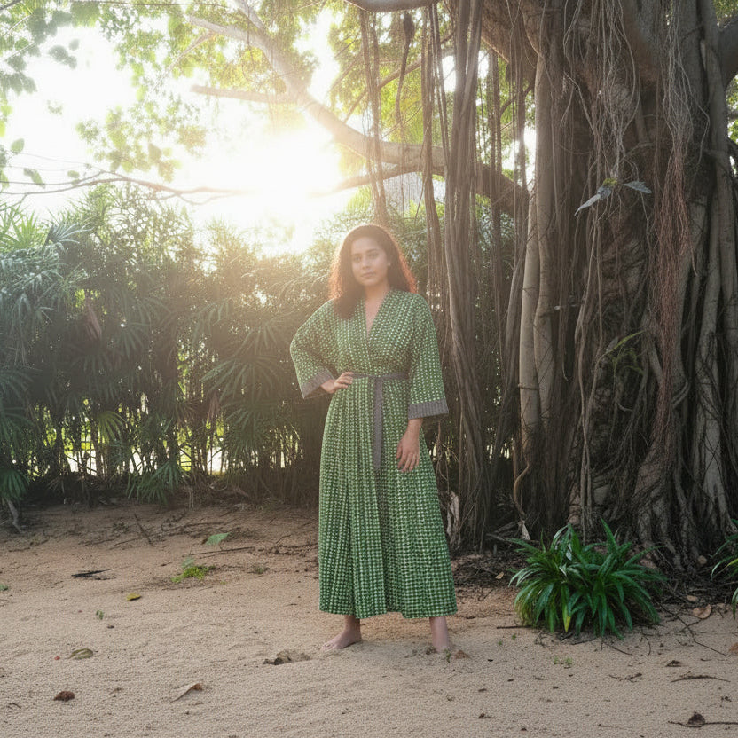 Woman in a green dress standing in a natural setting with trees and sunlight.