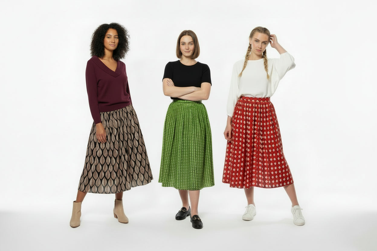 Midi Skirts colors red, green, black