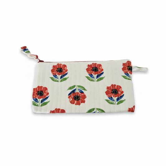 Floral-patterned pouch on a white background