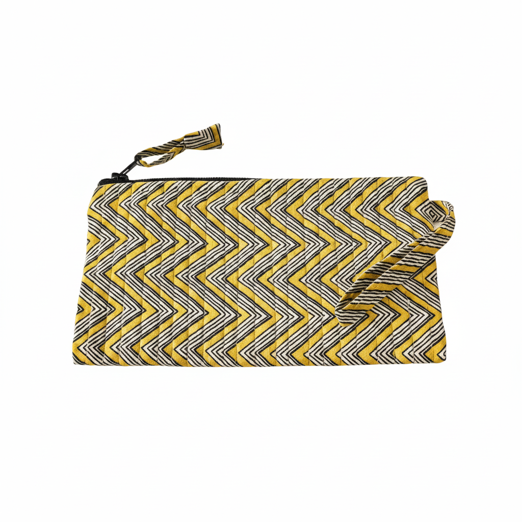 Yellow and gray chevron patterned pouch on a white background