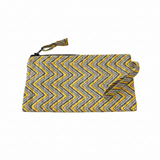 Yellow and gray chevron patterned pouch on a white background